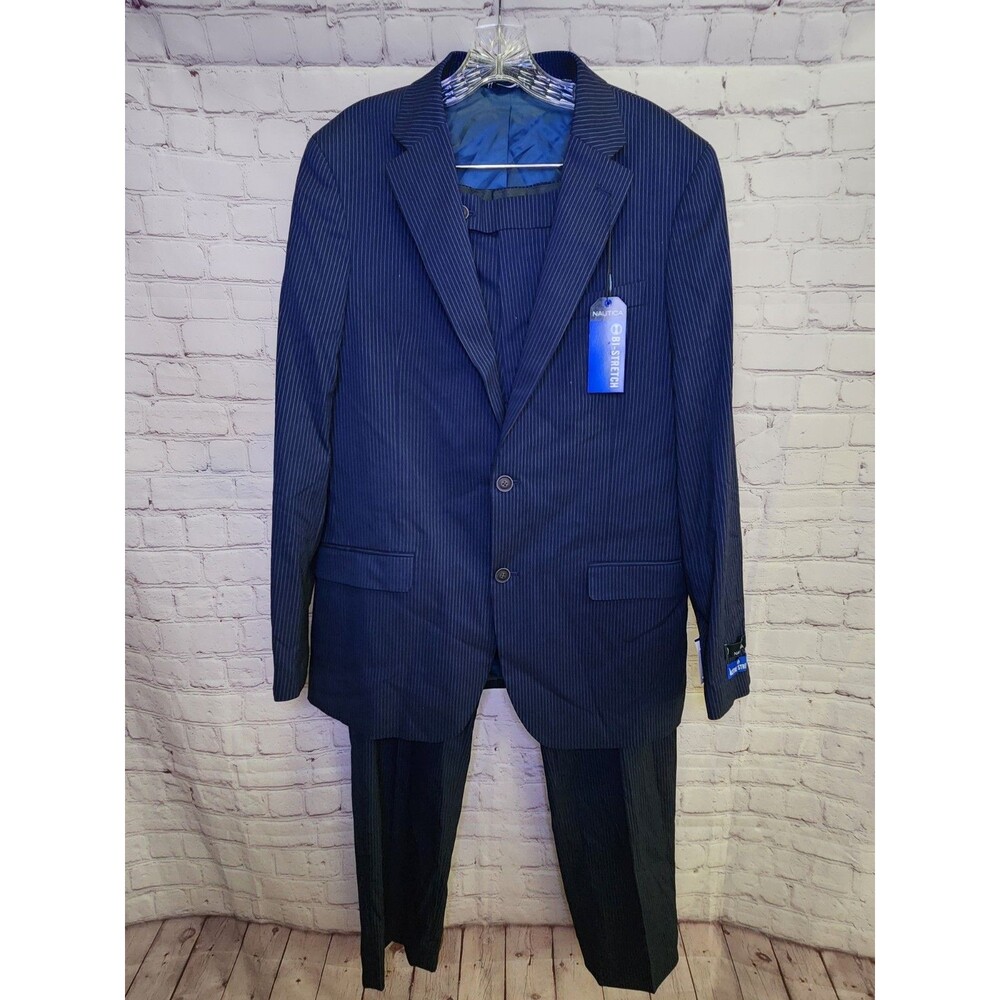 Nautica 2 Piece Suit Mens 40L 34W Blue Pinstripes Modern Fit Bi-Stretch